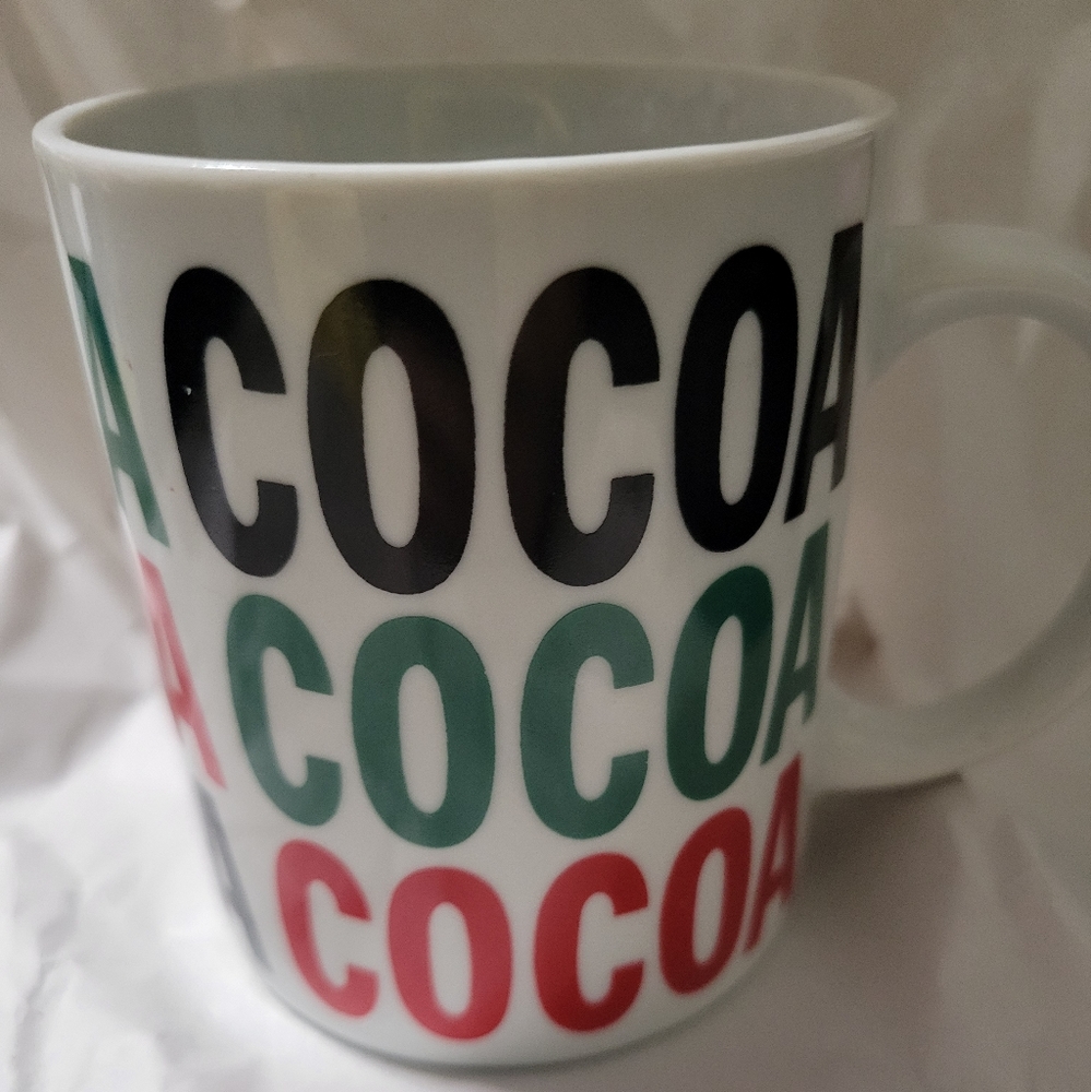 COCOA Coffee Cup Mug White with Red, Green, Black text